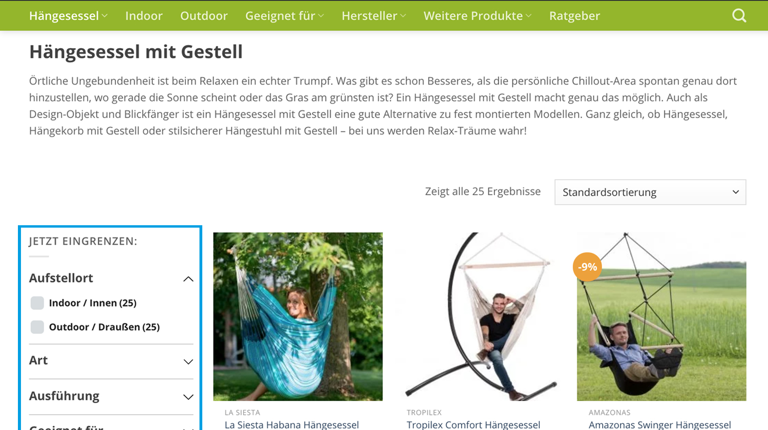 Zu sehen ist die Filterfunktion des Hängesessel Shop